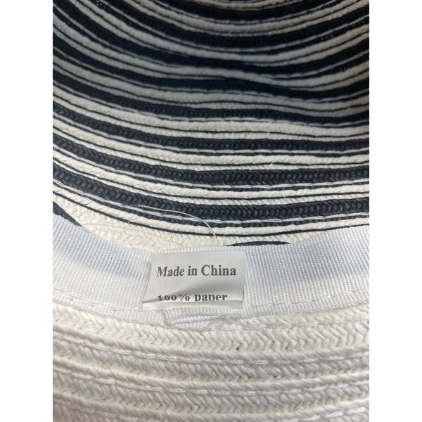 Womens Wide Brim Straw Sun Hat With Black & White Stripes - One Size