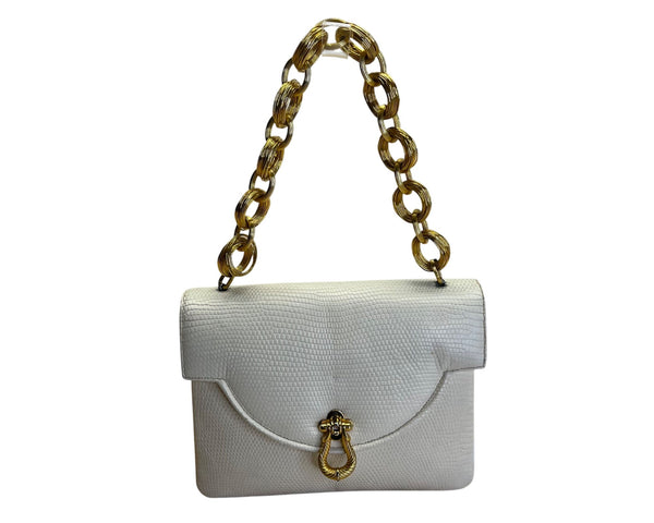 Vintage Finesse White Faux Lizard Leather Handbag Gold Chain Strap & Twist Clasp