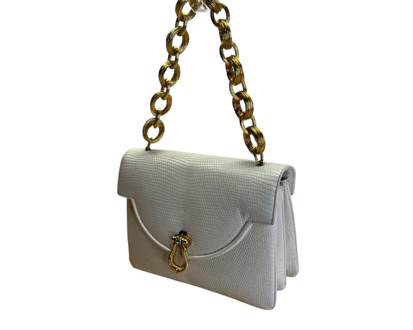 Vintage Finesse White Faux Lizard Leather Handbag Gold Chain Strap & Twist Clasp