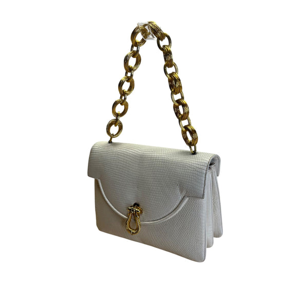 Vintage Finesse White Faux Lizard Leather Handbag Gold Chain Strap & Twist Clasp