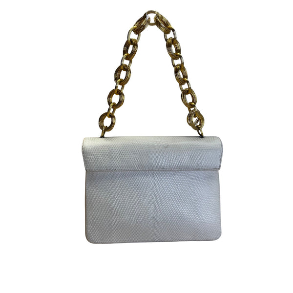 Vintage Finesse White Faux Lizard Leather Handbag Gold Chain Strap & Twist Clasp