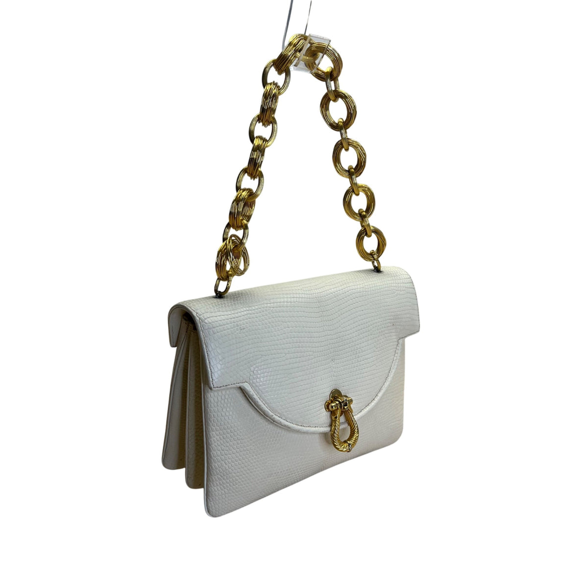Vintage Finesse White Faux Lizard Leather Handbag Gold Chain Strap & Twist Clasp