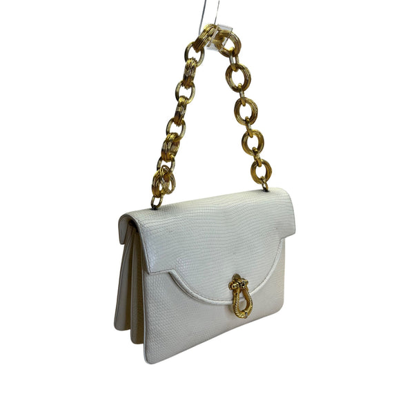 Vintage Finesse White Faux Lizard Leather Handbag Gold Chain Strap & Twist Clasp