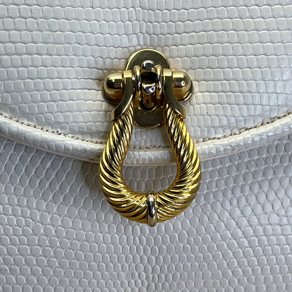 Vintage Finesse White Faux Lizard Leather Handbag Gold Chain Strap & Twist Clasp