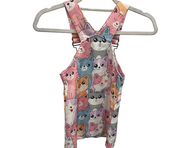 Girls Cat Print Sleeveless Overall Top Adjustable Straps Pastel Colors Cute Casual Wear