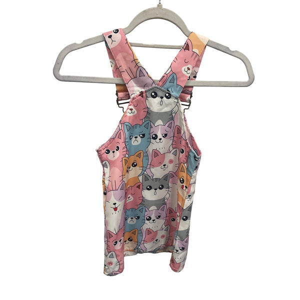 Girls Cat Print Sleeveless Overall Top Adjustable Straps Pastel Colors Cute Casual Wear