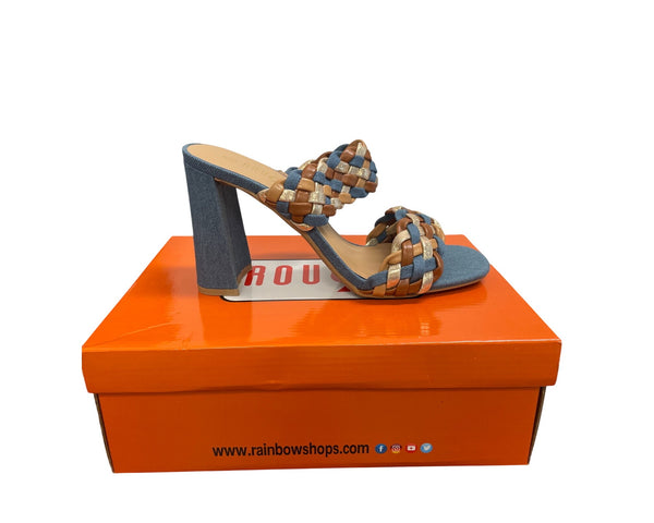 Rouge Womens Denim Multi Woven Block Heel Mules Size 7.5 Stylish Comfortable Sandals