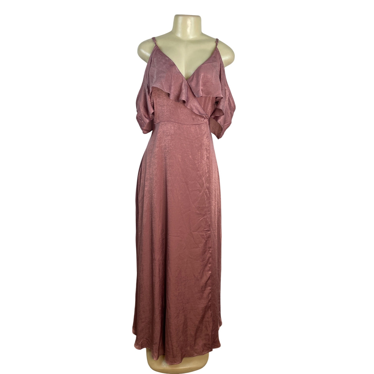 Lulus Dusty Rose Off-Shoulder Satin Maxi Dress With Ruffle Overlay Sz L - New