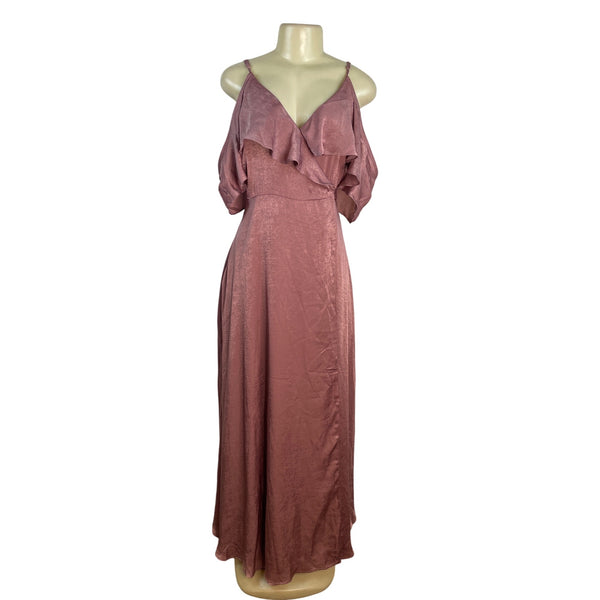 Lulus Dusty Rose Off-Shoulder Satin Maxi Dress With Ruffle Overlay Sz L - New