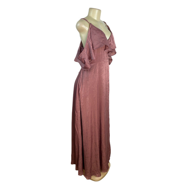 Lulus Dusty Rose Off-Shoulder Satin Maxi Dress With Ruffle Overlay Sz L - New