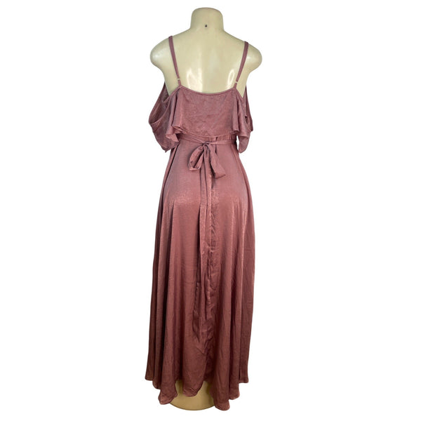 Lulus Dusty Rose Off-Shoulder Satin Maxi Dress With Ruffle Overlay Sz L - New