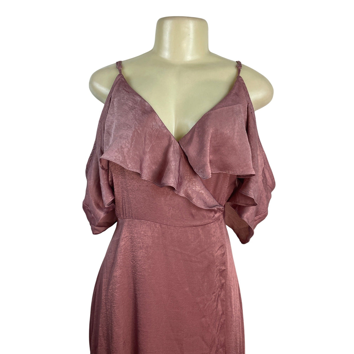 Lulus Dusty Rose Off-Shoulder Satin Maxi Dress With Ruffle Overlay Sz L - New
