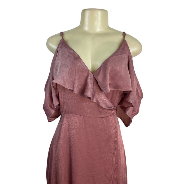 Lulus Dusty Rose Off-Shoulder Satin Maxi Dress With Ruffle Overlay Sz L - New