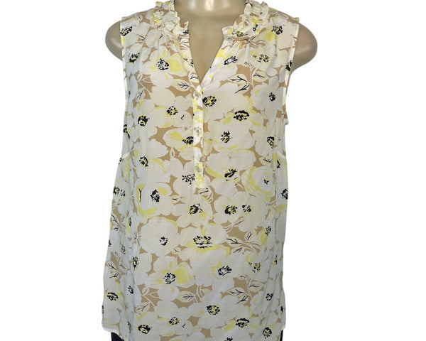 Talbots Womens Sleeveless Floral Blouse With Ruffle Trim Collar Size M