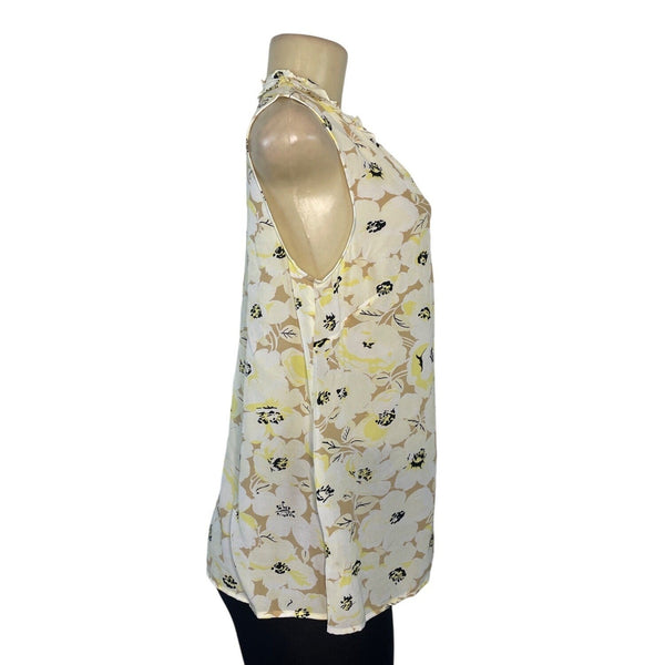 Talbots Womens Sleeveless Floral Blouse With Ruffle Trim Collar Size M