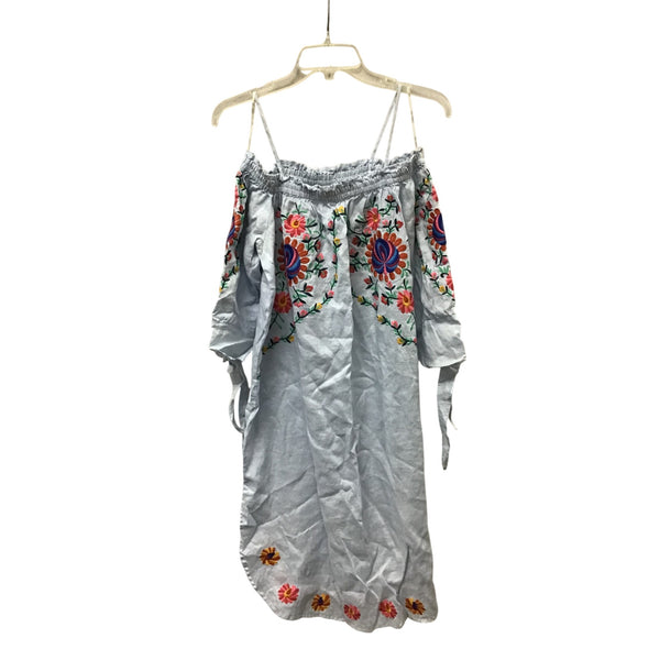 Zara Women Blue Embroidered Off-Shoulder Floral Midi Dress Cotton Blend Size OS