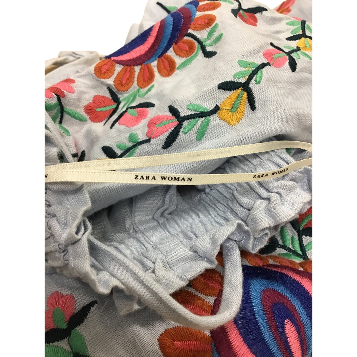 Zara Women Blue Embroidered Off-Shoulder Floral Midi Dress Cotton Blend Size OS