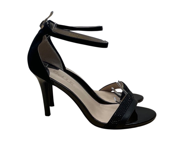 Belle Womens Black Rhinestone Ankle Strap Back Zipper High Heel Sandals Size 6.5