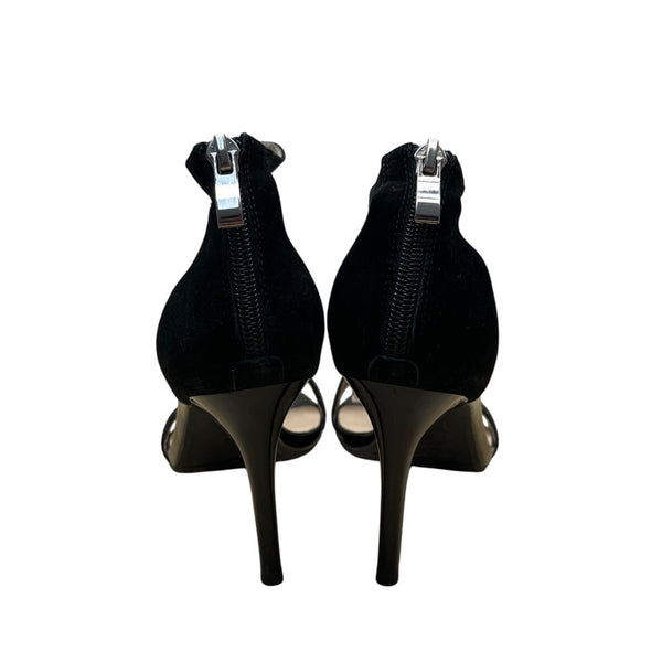 Belle Womens Black Rhinestone Ankle Strap Back Zipper High Heel Sandals Size 6.5