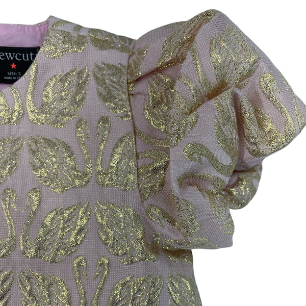 Crewcuts Girls Pink & Gold Swan Puff Sleeve Dress Size 3