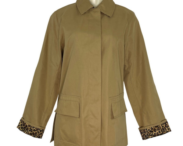 Dennis Basso Womens Tan Jacket With Leopard Print Lining Snap Button Sz XS