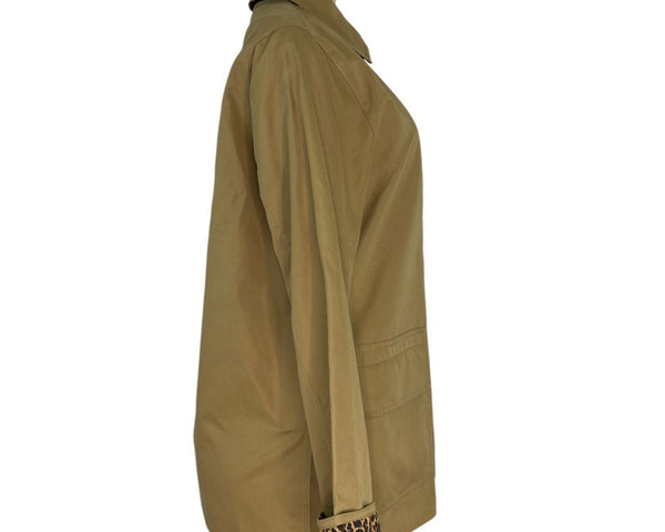 Dennis Basso Womens Tan Jacket With Leopard Print Lining Snap Button Sz XS
