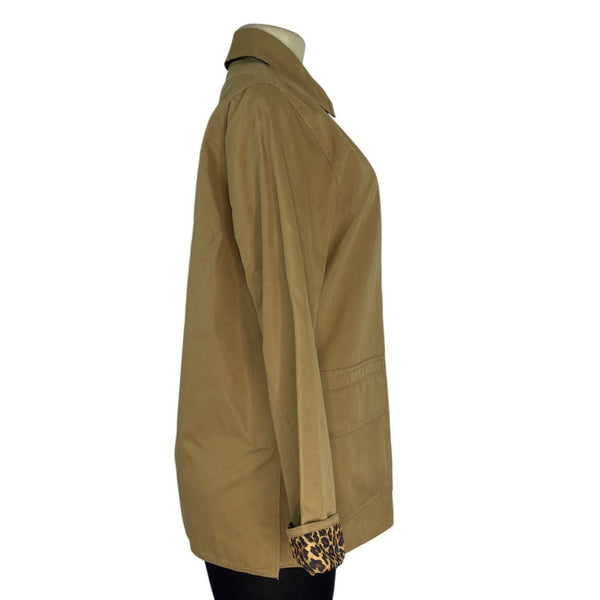 Dennis Basso Womens Tan Jacket With Leopard Print Lining Snap Button Sz XS