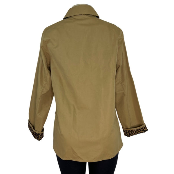 Dennis Basso Womens Tan Jacket With Leopard Print Lining Snap Button Sz XS