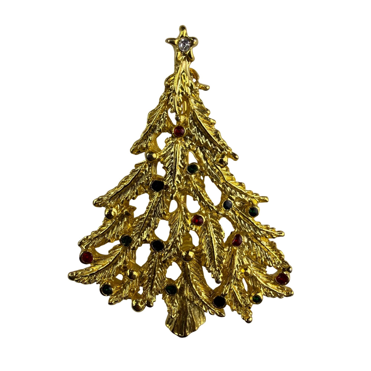 Vintage Gold Tone Christmas Tree Brooch With Rhinestone Accents Holiday Jewelry
