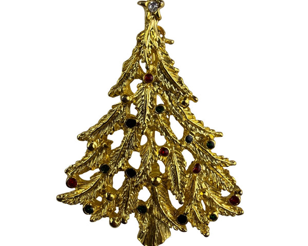 Vintage Gold Tone Christmas Tree Brooch With Rhinestone Accents Holiday Jewelry