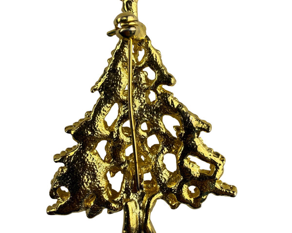 Vintage Gold Tone Christmas Tree Brooch With Rhinestone Accents Holiday Jewelry