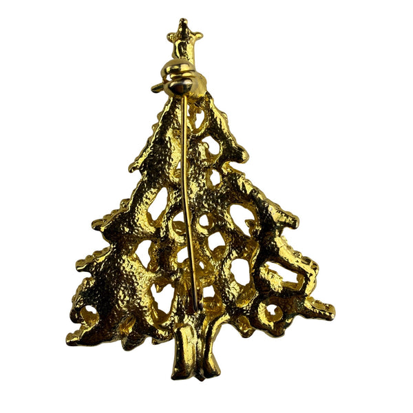 Vintage Gold Tone Christmas Tree Brooch With Rhinestone Accents Holiday Jewelry