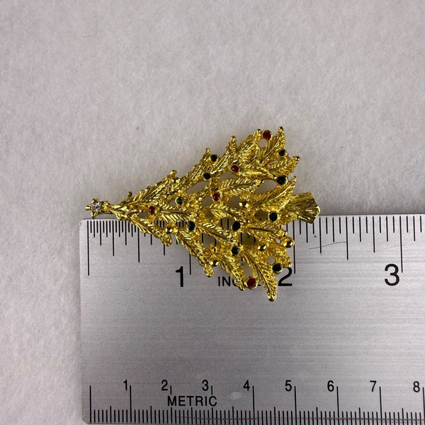 Vintage Gold Tone Christmas Tree Brooch With Rhinestone Accents Holiday Jewelry