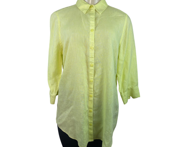 Chico’s Women’s Yellow Button-Up Collared Shirt With 3/4 Sleeves Sz 0