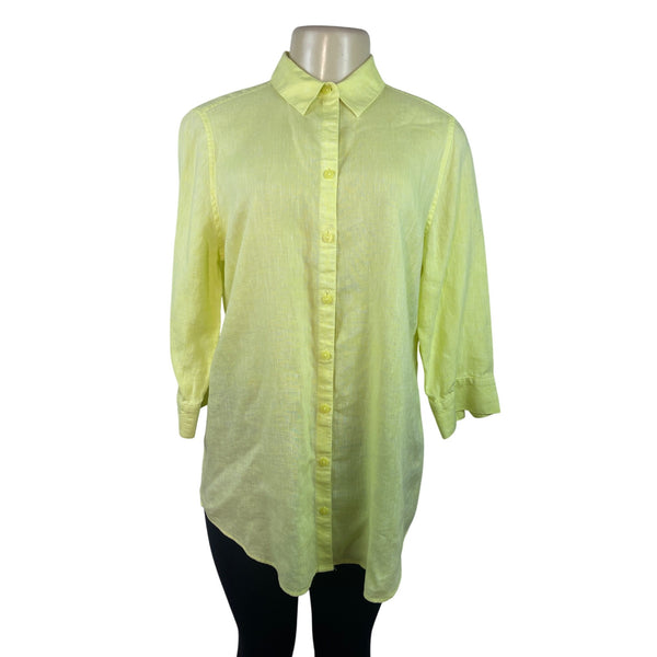 Chico’s Women’s Yellow Button-Up Collared Shirt With 3/4 Sleeves Sz 0