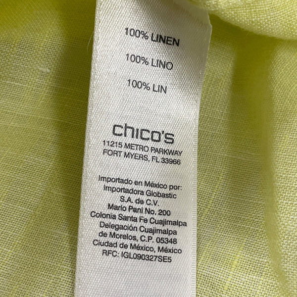 Chico’s Women’s Yellow Button-Up Collared Shirt With 3/4 Sleeves Sz 0