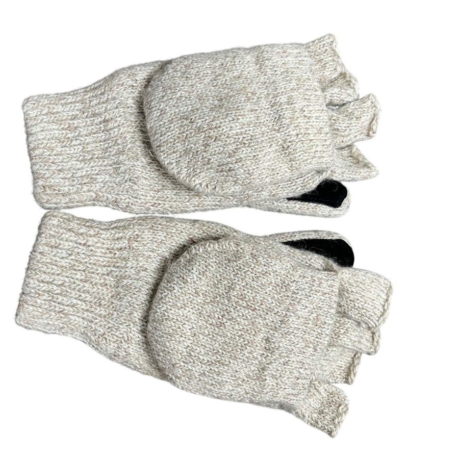 Wool Blend Convertible Mittens Gloves Beige/Black Fingerless Flap w/ Velcro Grip Pads OS