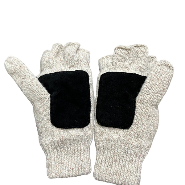 Wool Blend Convertible Mittens Gloves Beige/Black Fingerless Flap w/ Velcro Grip Pads OS
