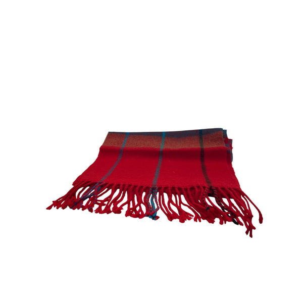 Plaid Wool Scarf Red Blue Fringe Soft Winter Wrap Checkered Lightweight