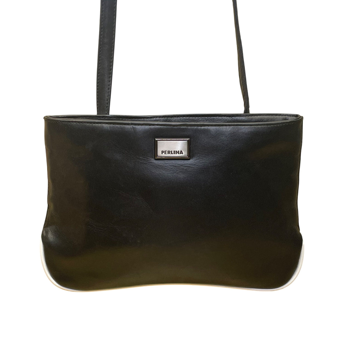 Perlina Women’s Black Leather Adjustable Strap Minimalist Design Crossbody Bag