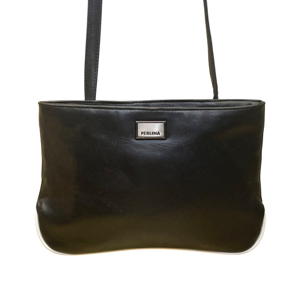 Perlina Women’s Black Leather Adjustable Strap Minimalist Design Crossbody Bag