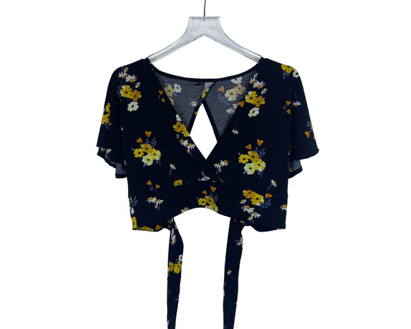 H&M Womens Navy Floral Print Open Back Tie Crop Top Medium