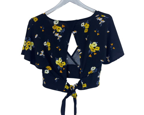 H&M Womens Navy Floral Print Open Back Tie Crop Top Medium