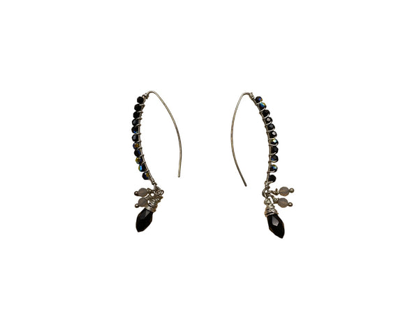 Handcrafted Silver Wire Black Crystal Earrings With Teardrop Charm & Iridescent Beads
