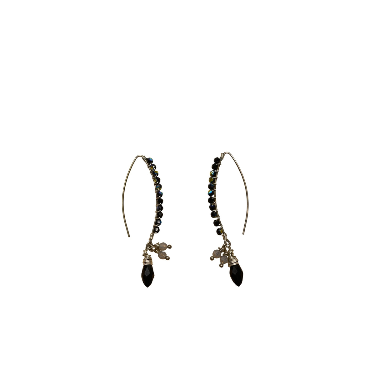 Handcrafted Silver Wire Black Crystal Earrings With Teardrop Charm & Iridescent Beads