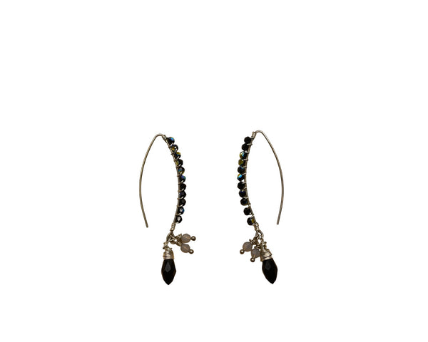 Handcrafted Silver Wire Black Crystal Earrings With Teardrop Charm & Iridescent Beads