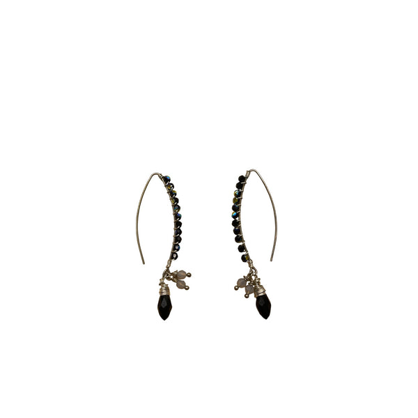 Handcrafted Silver Wire Black Crystal Earrings With Teardrop Charm & Iridescent Beads