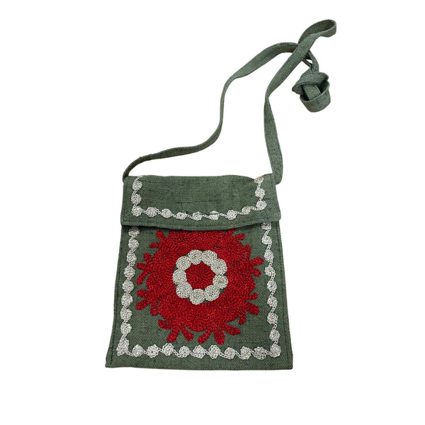 Green Handmade Womens Embroidered Crossbody Bag Canvas Red & White Floral Design Adjustable Strap
