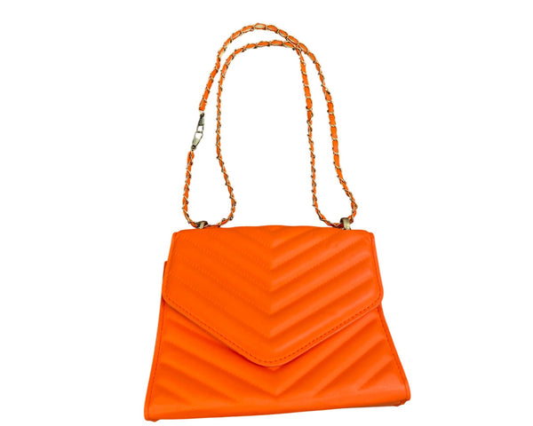 Orange Quilted Chain Strap Shoulder Bag Faux Leather Chevron Pattern Compact Design