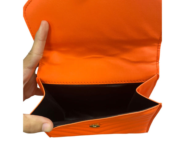 Orange Quilted Chain Strap Shoulder Bag Faux Leather Chevron Pattern Compact Design